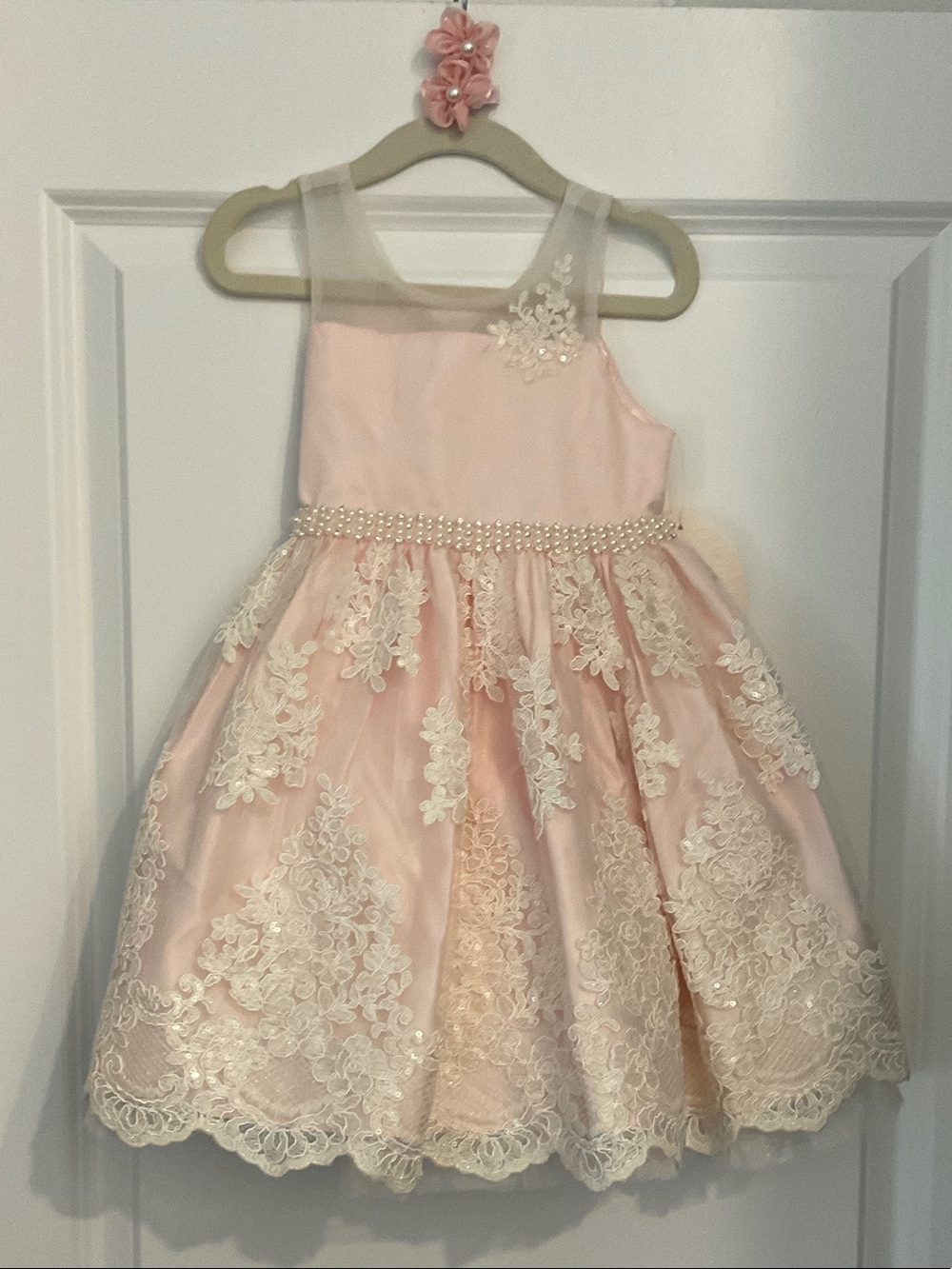 American Princess Soft Pink Lace & Pearl Waistband Formal Dress